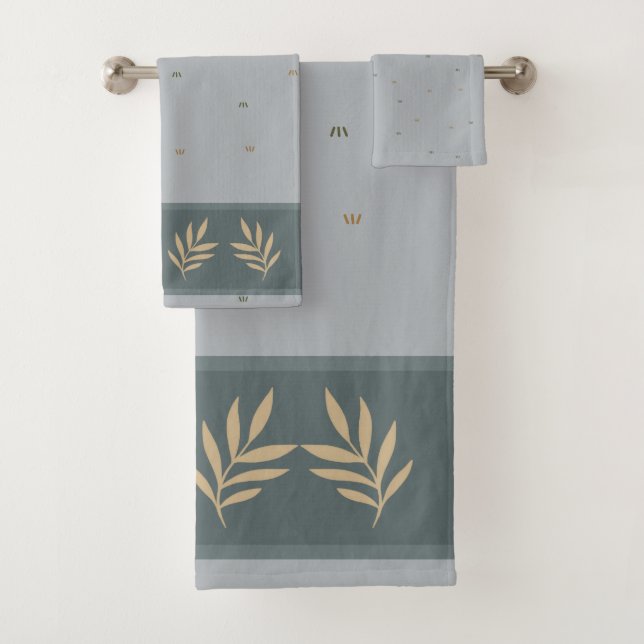 Deep Sage Leaf Border Bathroom Towel Set (Insitu)