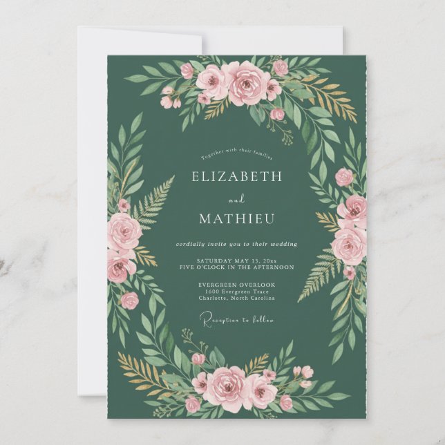 Deep Sage Pink Floral Wedding Invitation (Front)