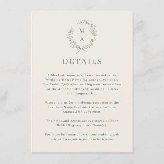 Deep Sage Simple Elegant Monogram Details Enclosure Card (Front)