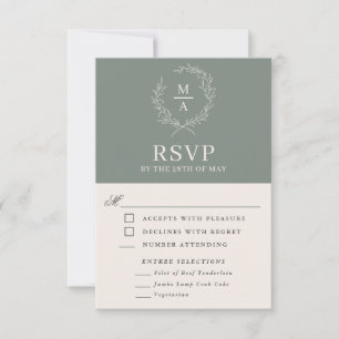 Deep Sage Simple Elegant Monogram RSVP with Meals Card