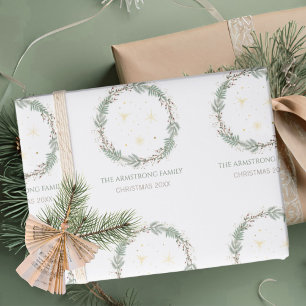 Deep Sage Wreath Gold Stars Christmas Family Name Wrapping Paper