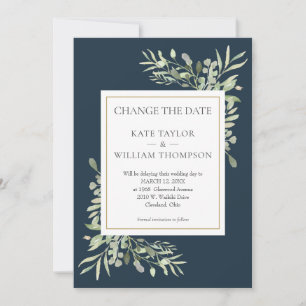 Deep Sea Blue Change the Date Greenery Wedding Save The Date