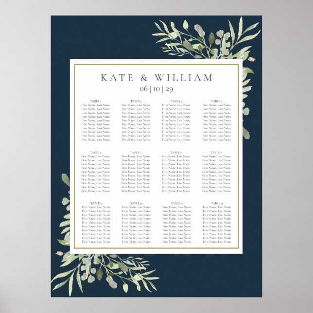 Deep Sea Blue Gold Greenery Wedding Seating Chart (Front)