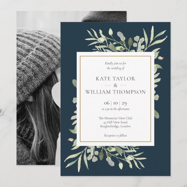 Deep Sea Blue Greenery Photo Wedding Invitation (Front/Back)