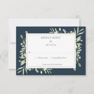 Deep Sea Blue Watercolor Greenery Wedding RSVP Card