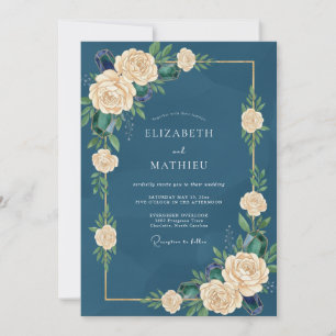 Deep Sea Cream Rose Wedding Invitation