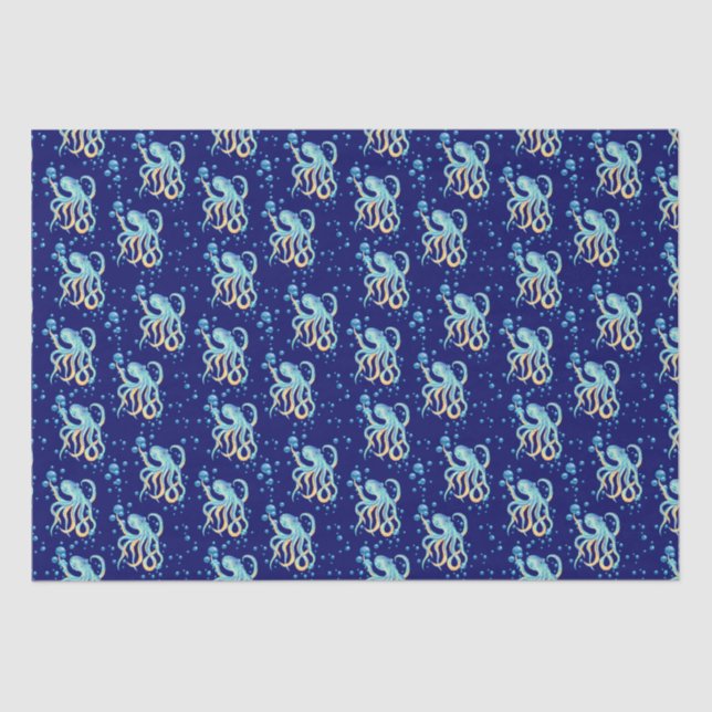 Deep Sea Cute Octopus Blue Bubble Navy  Tissue Paper (Front)