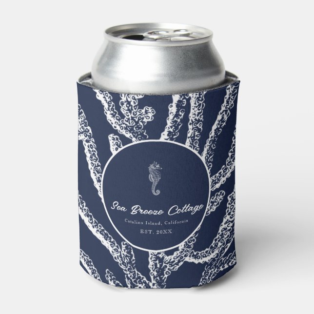 Deep Sea Dive: Navy Blue & White Nautical Inspired Can Cooler (Can Front)