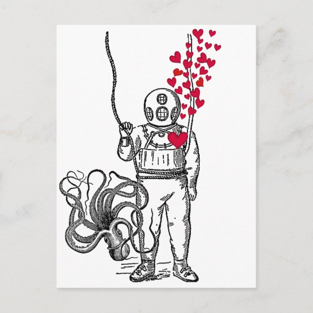 Deep Sea Diver Floating Hearts Postcard (Front)