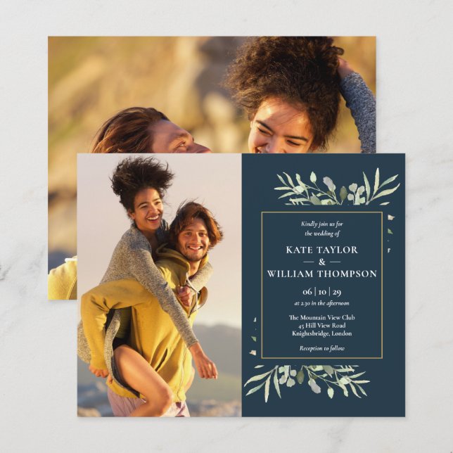 Deep Sea Greenery Photo Budget Wedding Invitation (Front/Back)