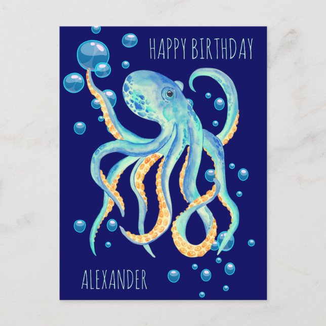 Deep Sea Octopus Blue Bubble Navy Birthday Postcard (Front)