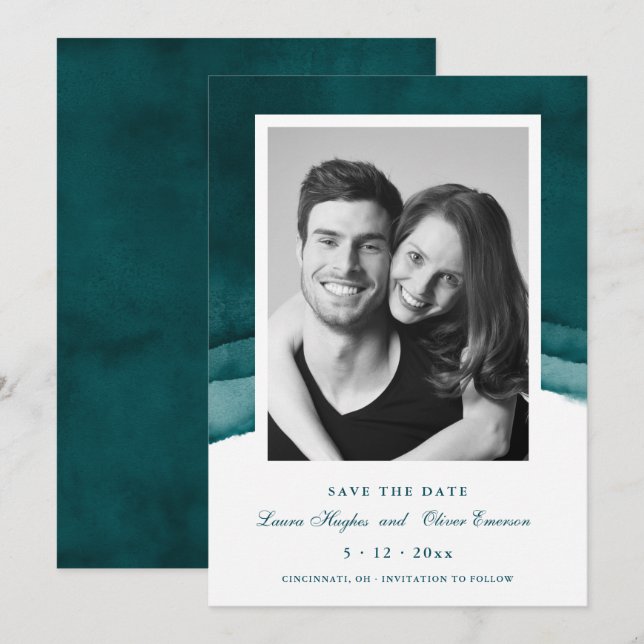 Deep Sea Teal Watercolor Wedding Save the Date Invitation (Front/Back)