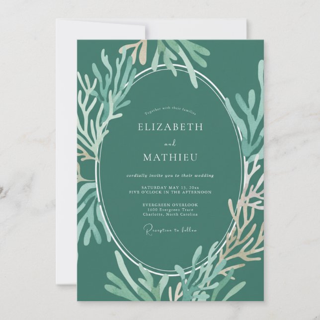 Deep Seafoam Coral Eucalyptus Wedding Invitation (Front)