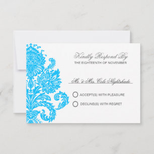 Deep Sky Blue Elegant Damask Wedding Customisable  RSVP Card
