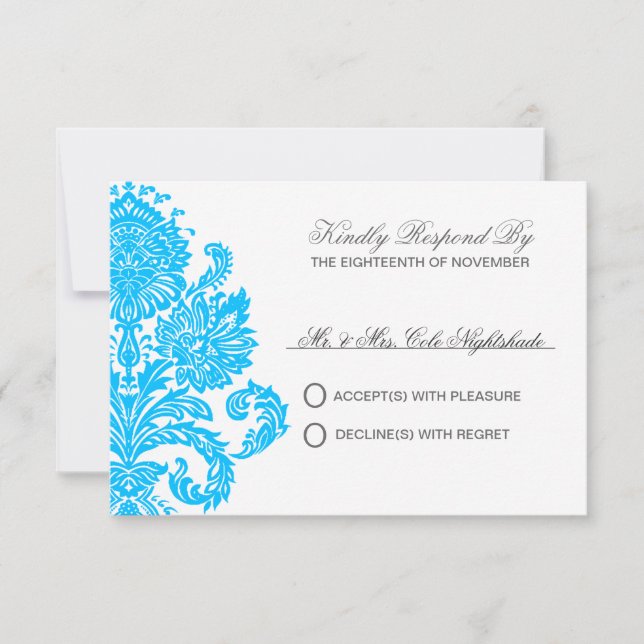 Deep Sky Blue Elegant Damask Wedding Customisable  RSVP Card (Front)