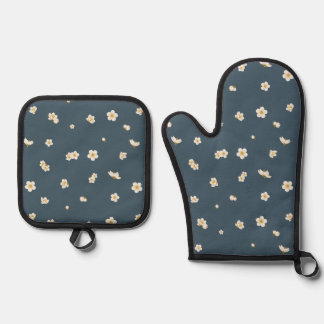 Deep Slate Blue White Plum Blossom Floral Pattern Oven Mitt & Pot Holder Set