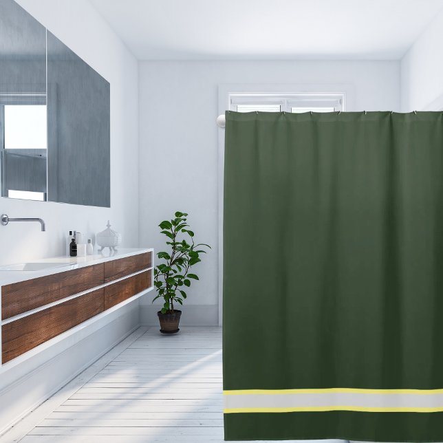 Deep Solid Sage Green with Yellow Stripe Shower Curtain (Creator Uploaded)