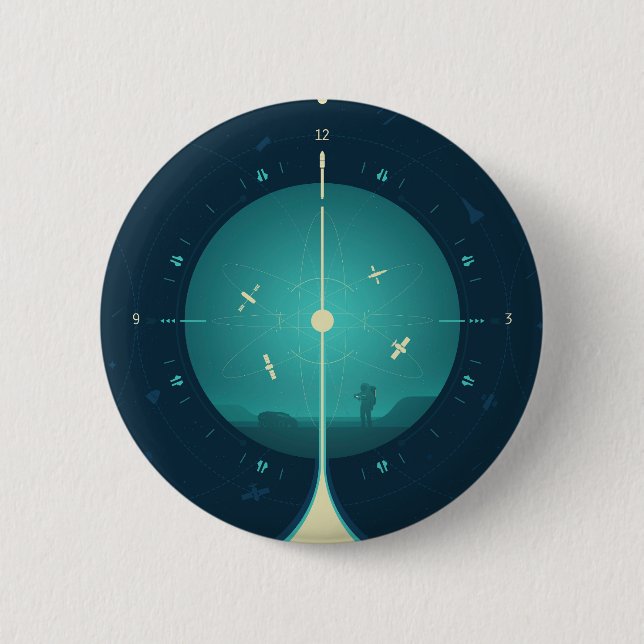 Deep Space Atomic Clock Poster, Blue Version. 6 Cm Round Badge (Front)