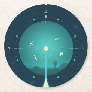 Deep Space Atomic Clock Poster, Blue Version. Round Paper Coaster