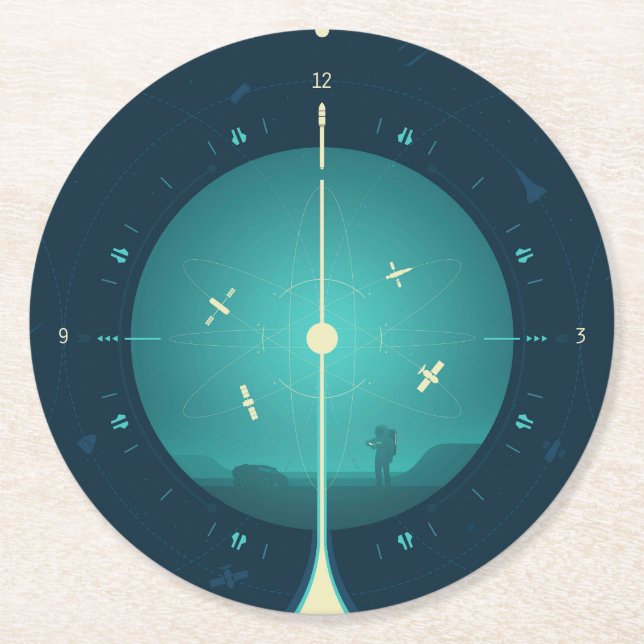 Deep Space Atomic Clock Poster, Blue Version. Round Paper Coaster (Front)