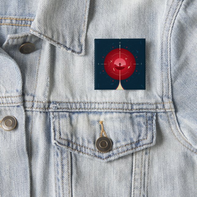 Deep Space Atomic Clock Poster, Red Version. 15 Cm Square Badge (In Situ)