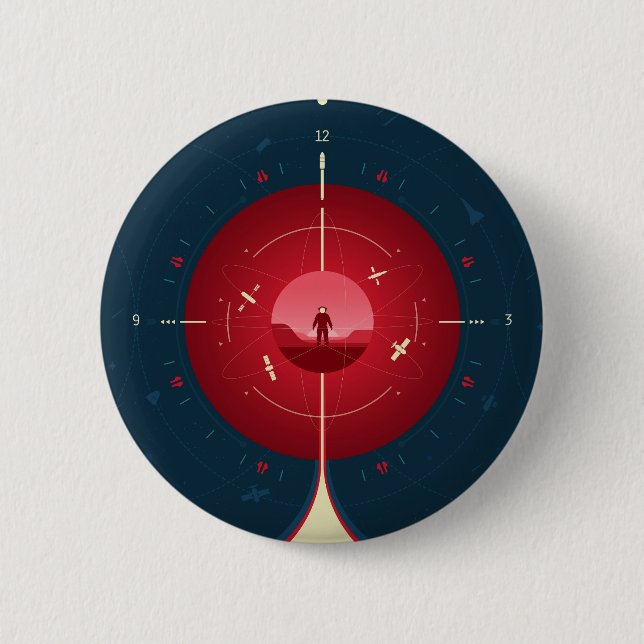 Deep Space Atomic Clock Poster, Red Version. 6 Cm Round Badge (Front)