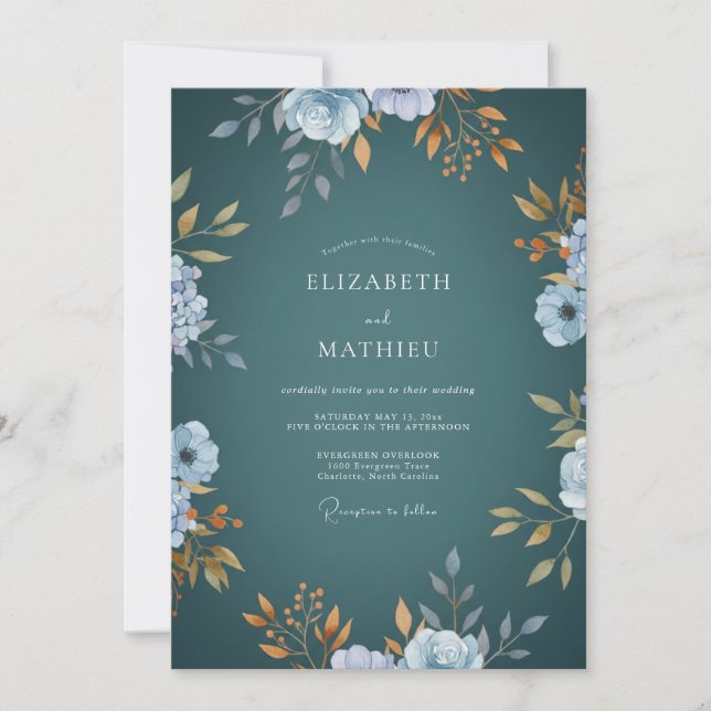 Deep Steel Wildflower Wedding Invitation (Front)