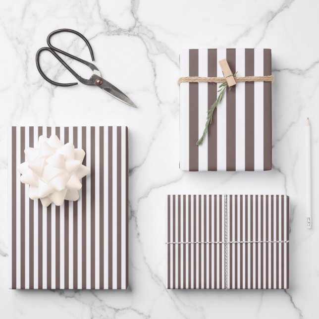 Deep Taupe & White Stripes Wrapping Paper Sheet (Front)