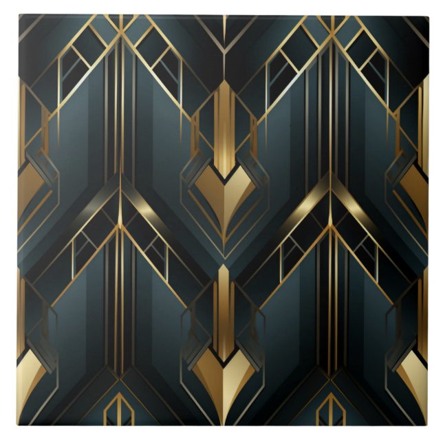 Deep Teal and Gold Art Deco Angular Frames Tile (Front)