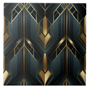 Deep Teal and Gold Art Deco Angular Frames Tile