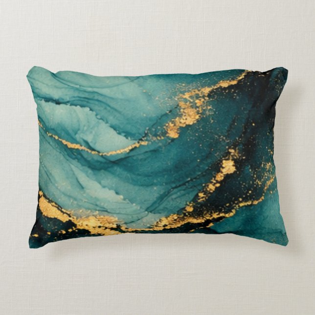 Deep Teal and Gold Fluid Motion Decorative Cushion (Front)