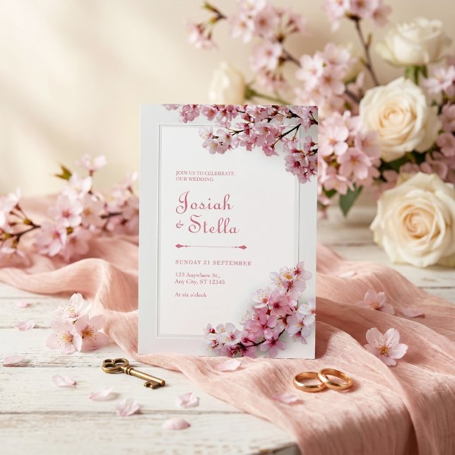 Deep Teal and Pink Cherry Blossom Frame Wedding Invitation (Creator Uploaded)