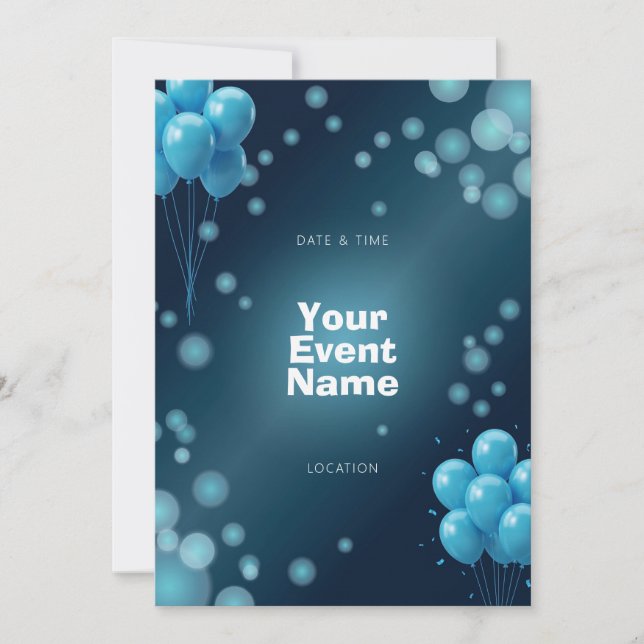 Deep Teal Blue Bokeh Balloon Invitation (Front)