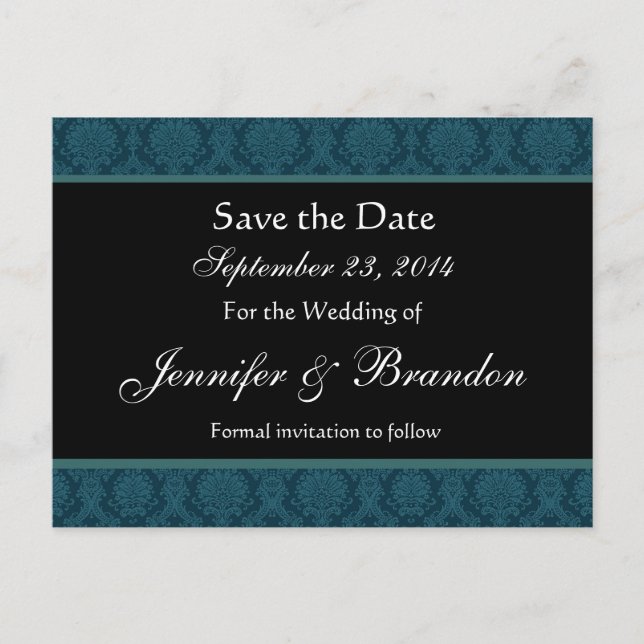 Deep Teal Blue Damask Save Date Postcard (Front)