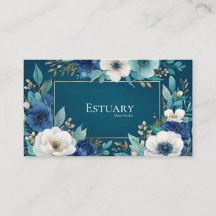Deep Teal Blue Floral Gold Frame Watercolor Business Card
