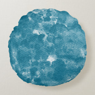 Deep Teal Blue Marble Watercolor Art Round Cushion