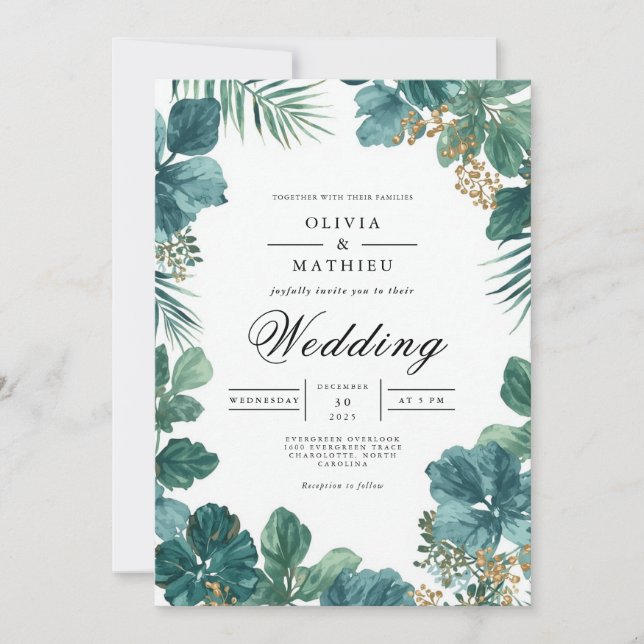 Deep Teal Botanical Bloom Wedding Invitation (Front)