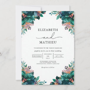 Deep Teal Botanical Flourish Wedding Invitation