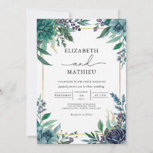Deep Teal Botanical Frame Wedding Invitation
