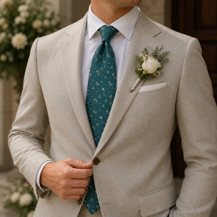 Deep Teal Champagne Botanical Foulard Pattern Tie