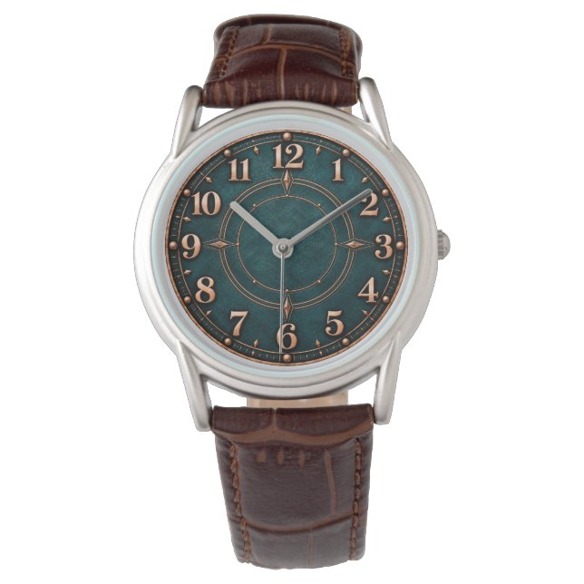 Deep Teal Copper Geometric Clock Watch (Front)