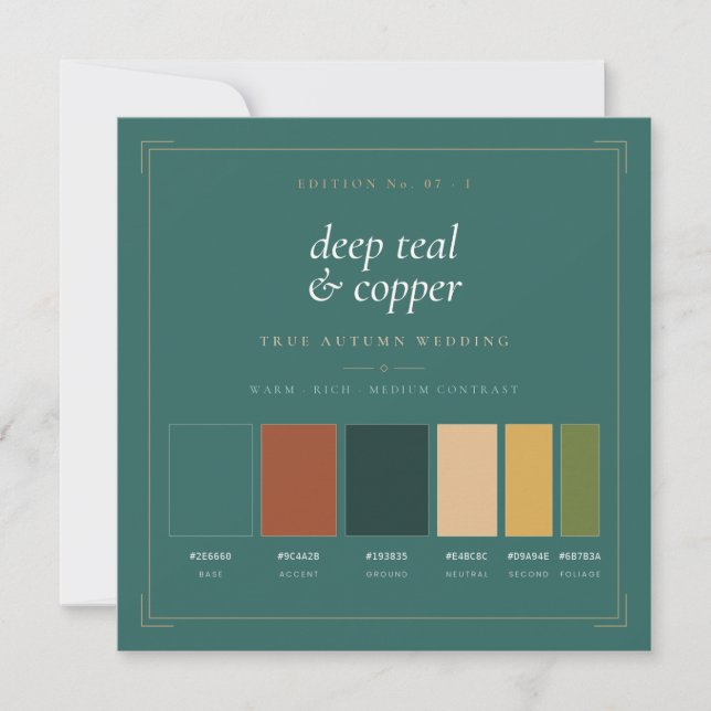 Deep Teal & Copper Wedding Colour Palette Card (Front)