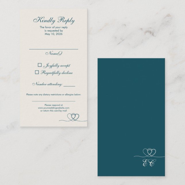 Deep Teal Elegant Calligraphy Wedding RSVP Card (Front/Back)