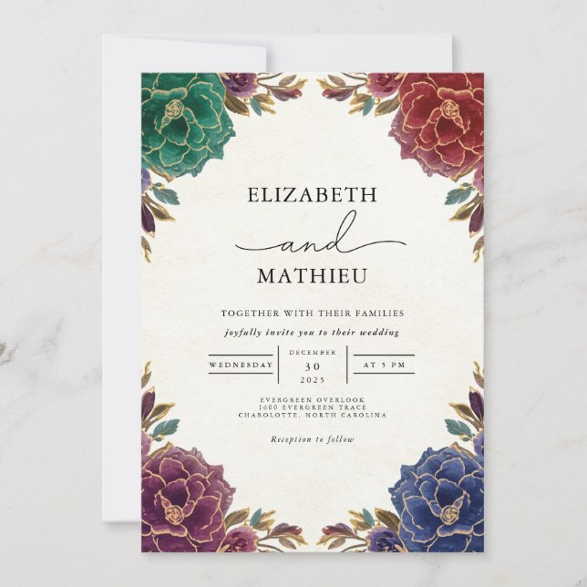 Deep Teal Floral Romance Wedding Invitation (Front)