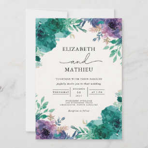 Deep Teal Floral Wash Wedding Invitation