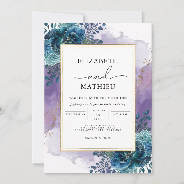 Deep Teal Floral Watercolor Wedding Invitation (Front)