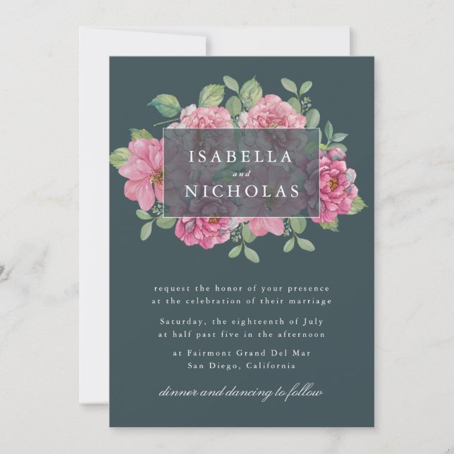 Deep Teal Floral Wedding Invitation (Front)