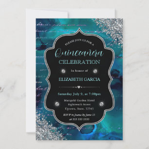 Deep Teal Glitter Mermaid Letters Quinceanera Invitation
