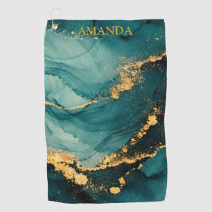 Deep Teal & Gold Fluid Motion Alcolhol Ink Design Golf Towel