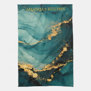 Deep Teal & Gold Fluid Motion Alcolhol Ink Design Tea Towel
